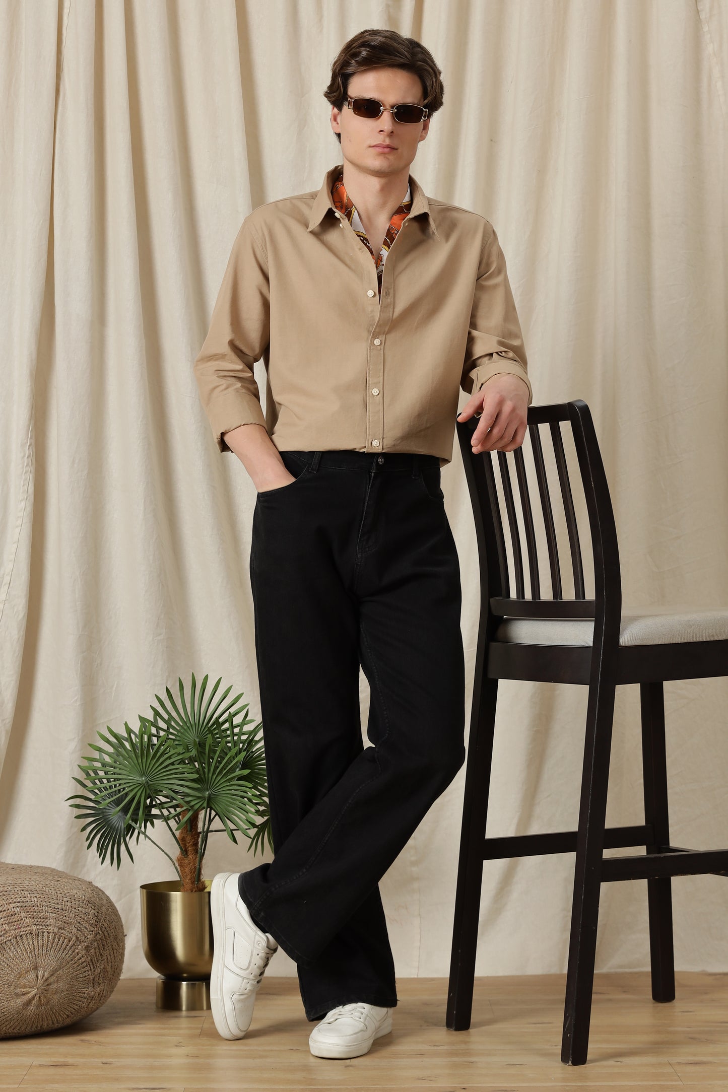 Classic Button-Down Solid Casual Shirt Beige