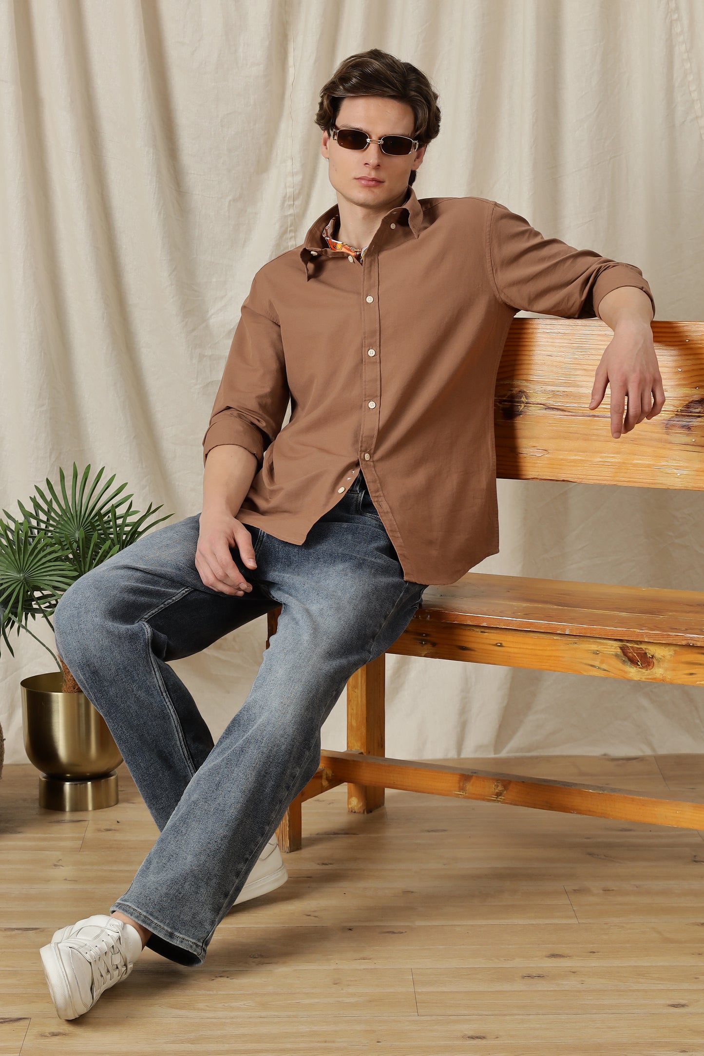 Classic Button-Down Solid Casual Shirt Brown