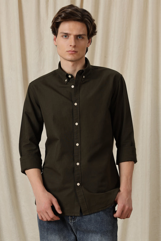 Classic Button-Down Solid Casual Shirt Olive