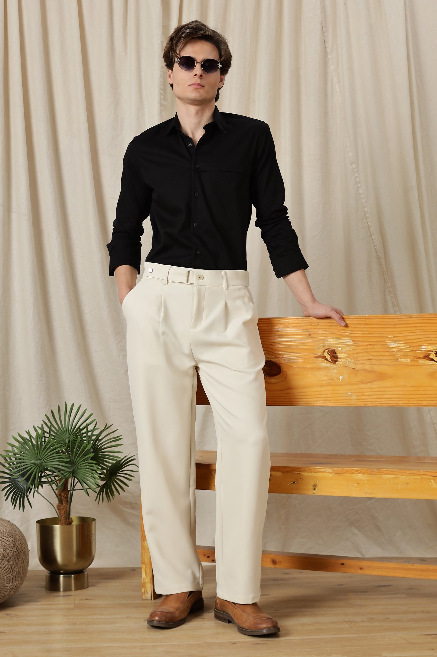 Loose Fit Trousers with Adjustable Waist Off White
