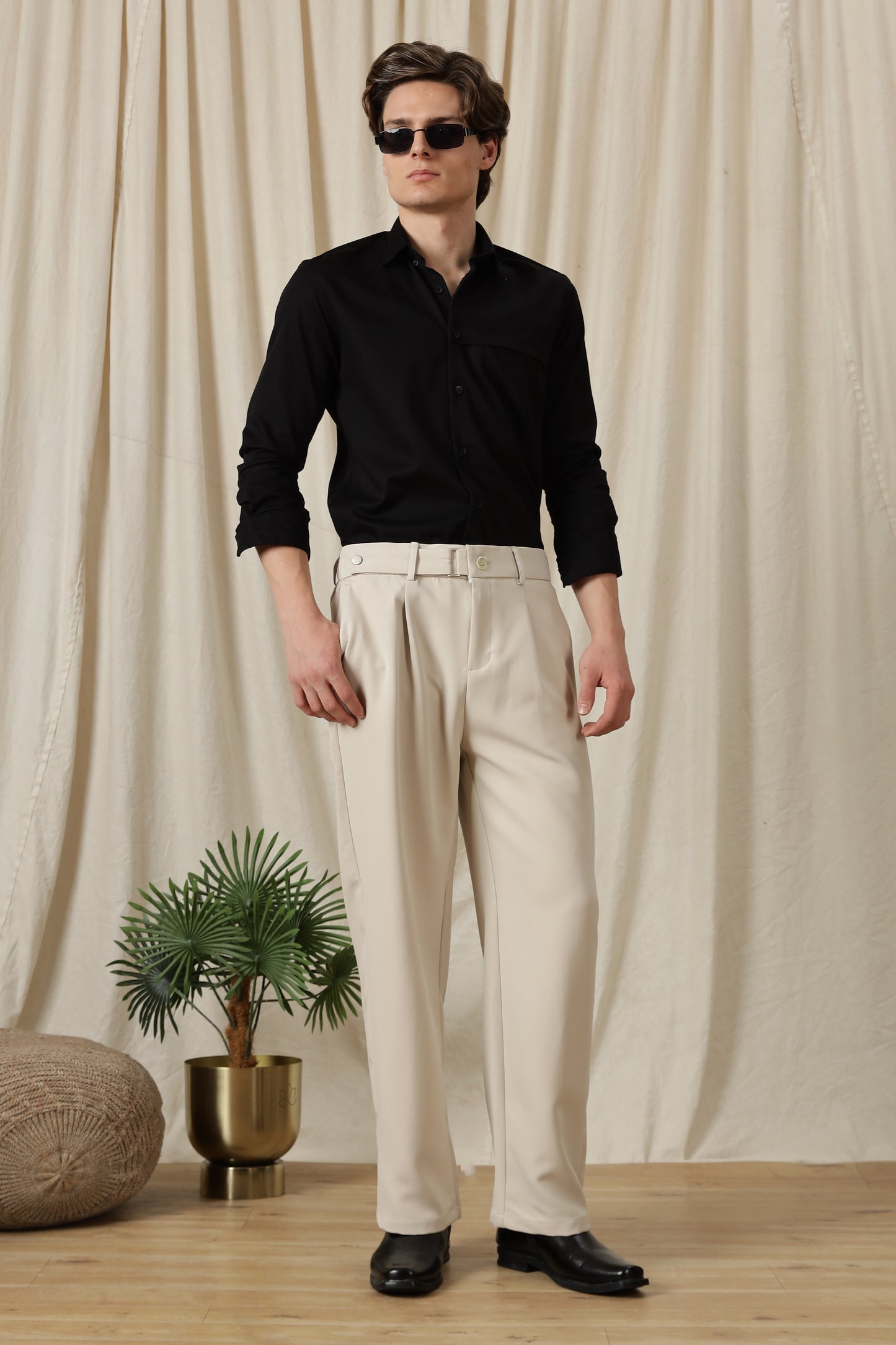 Loose Fit Trousers with Adjustable Waist Cream