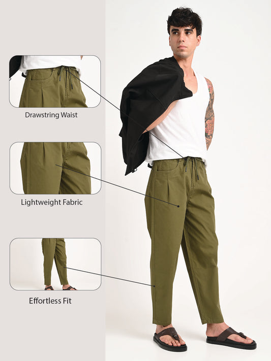 Relaxed Cotton Trousers with Drawcord Green