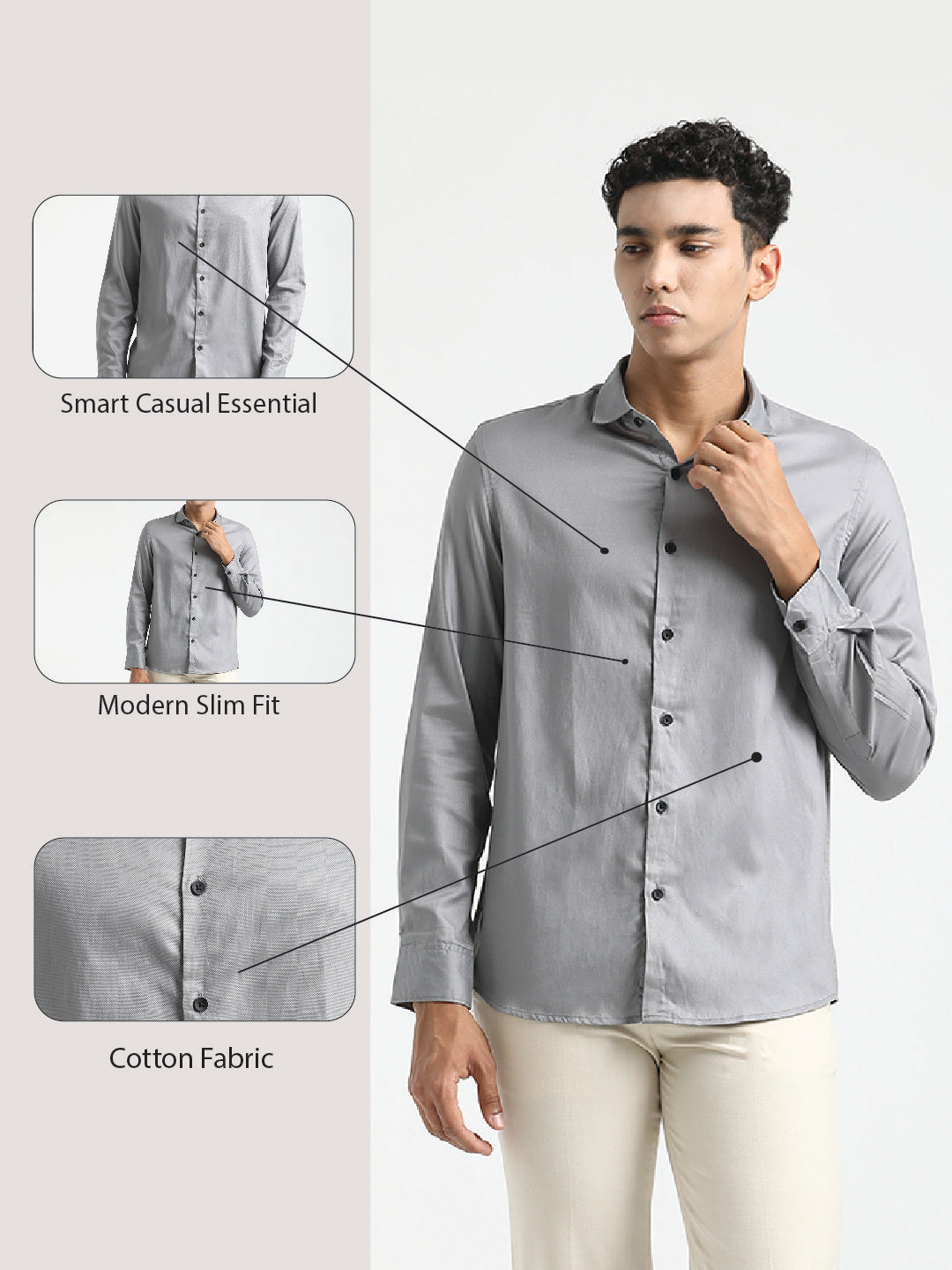 Textured Cotton Shirt with Dobby Weave Grey