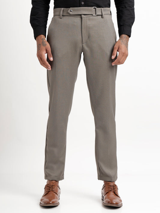 Textured White Slim Fit Trousers Olive