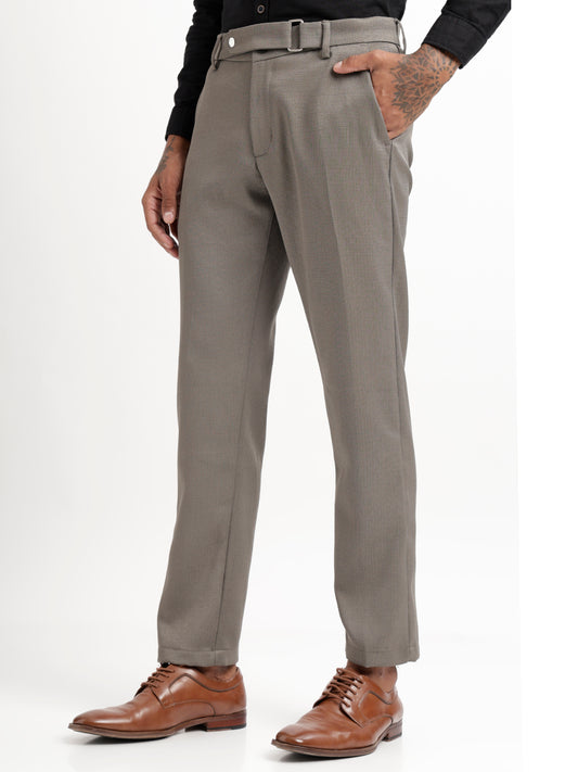 Textured White Slim Fit Trousers Olive