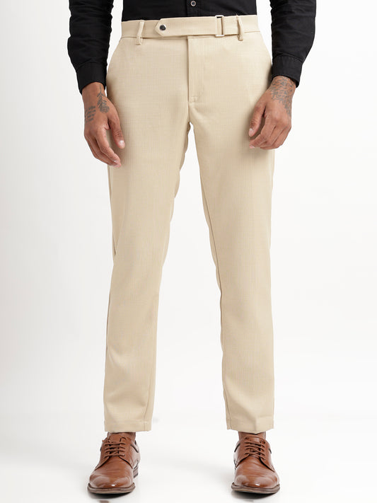 Textured White Slim Fit Trousers Cream