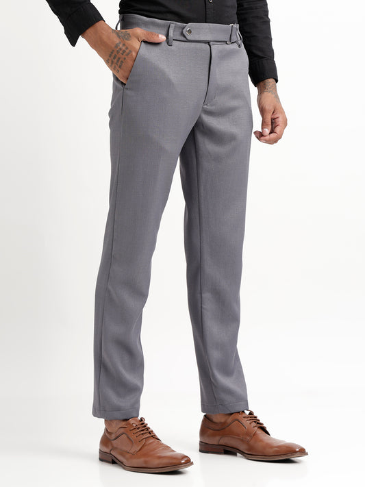 Textured White Slim Fit Trousers Grey