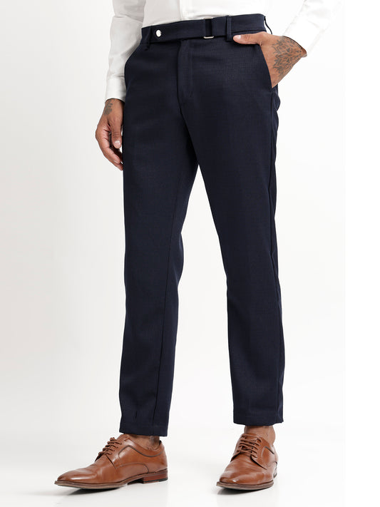 Textured White Slim Fit Trousers Navy