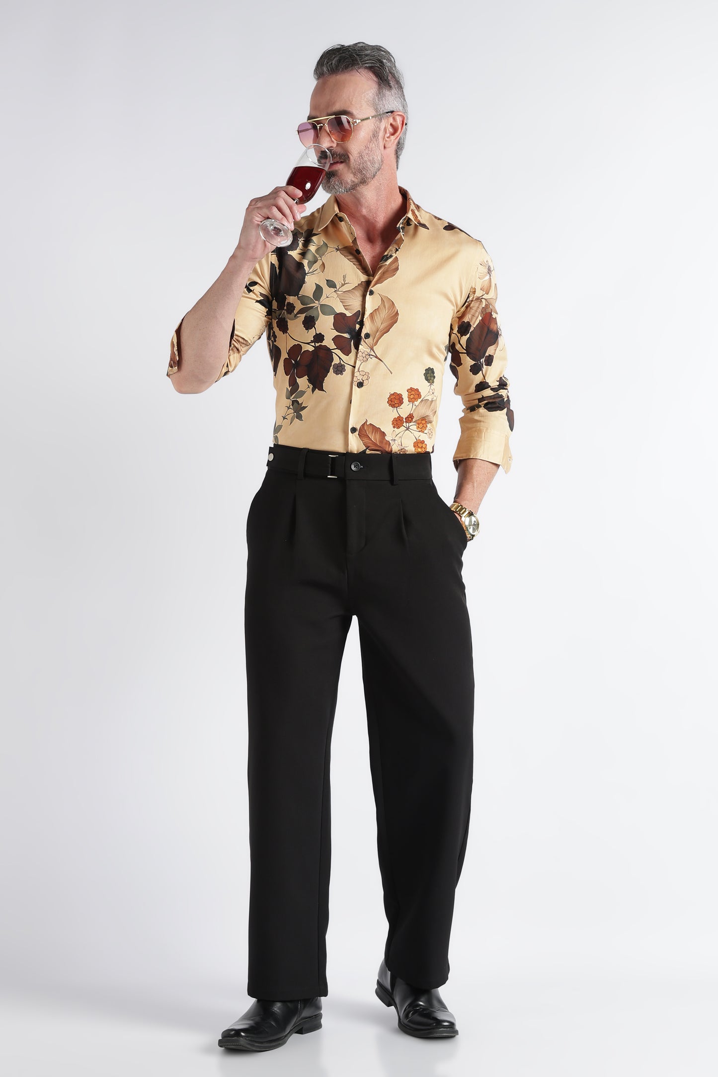 Brown Yellow Floral Print Shirt - Slim Fit Party Wear