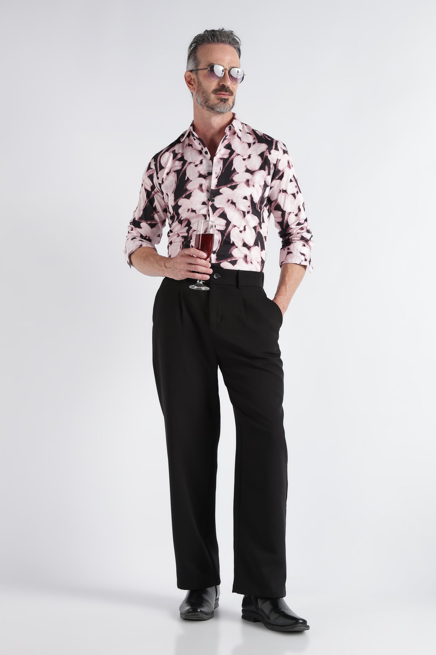 Light Pink Black Floral Print Shirt - Slim Fit Party Wear
