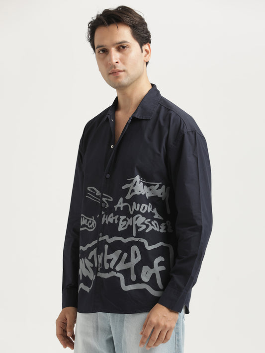 Oversized Cotton Shirt – Scribble Statement Navy