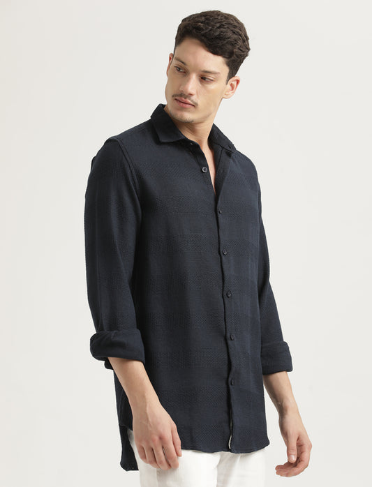 Textured Cotton Slim-Fit Shirt Navy