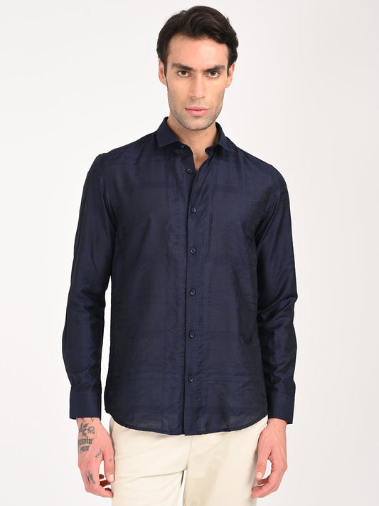Slim Fit Nylon Self-Design Shirt Navy