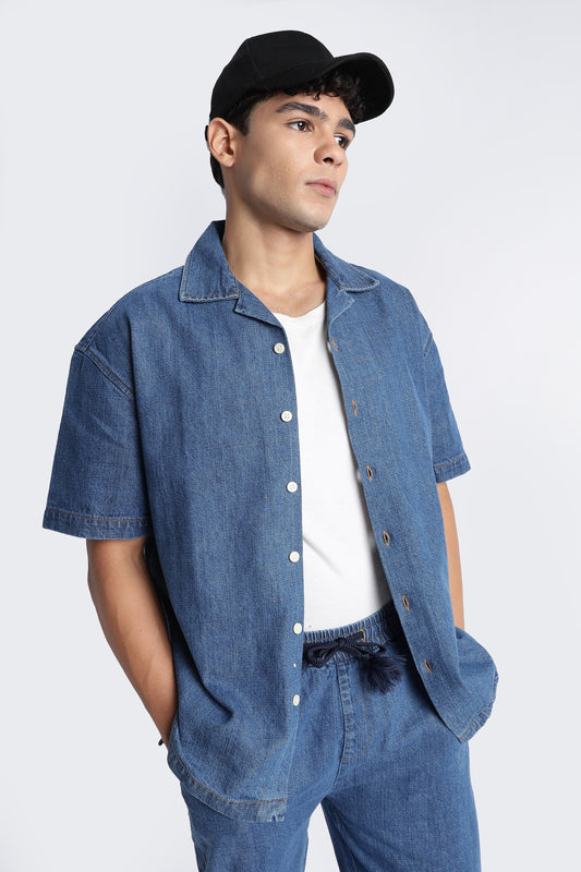 Men's Mid Blue Oversized Denim Cuban Collar Shirt