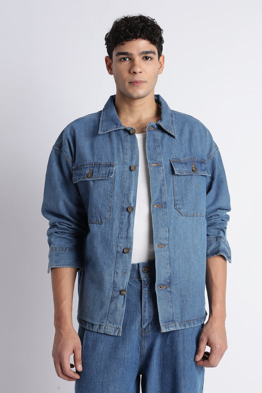 Men's Mid Blue Denim Shacket - Oversized Fit