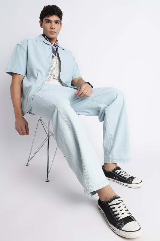 Men's Ice Blue Wide Leg Denim Drawstring Pants