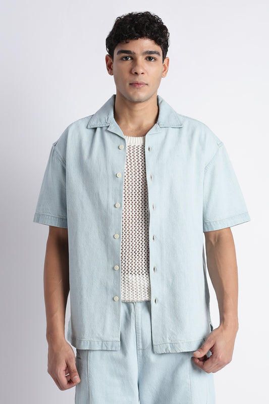 Men's Ice Blue Oversized Denim Cuban Collar Shirt