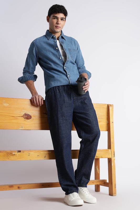 Men's Dark Blue Denim Drawstring Pyjamas - Relaxed Fit