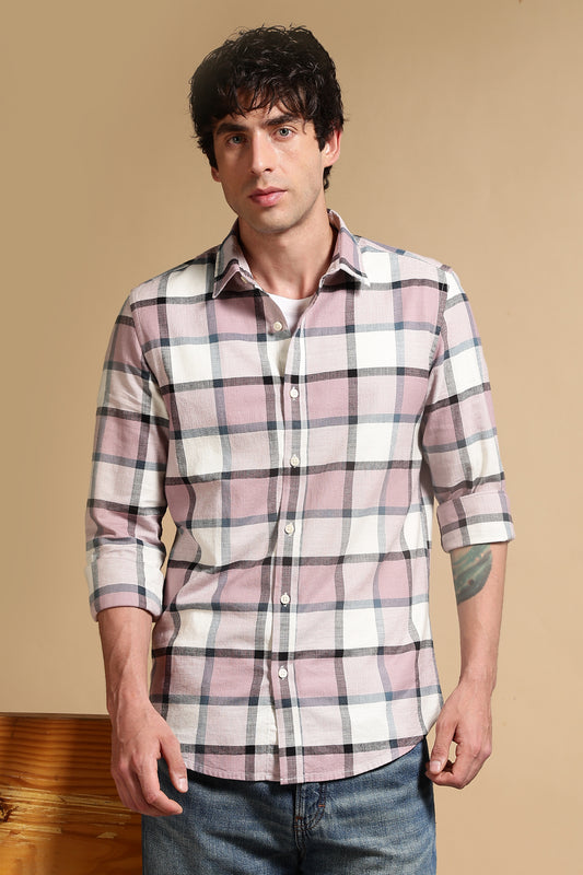 Slim Fit Cotton Check Shirt Pink