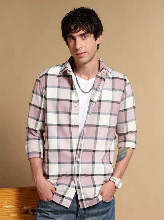 Slim Fit Cotton Check Shirt Pink
