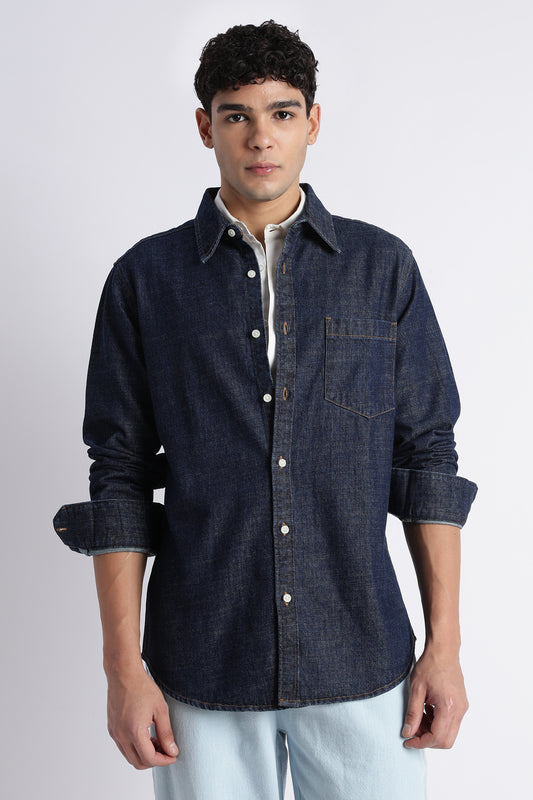 Men's Dark Blue Everyday Denim Shirt - Single Pocket