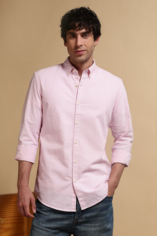 Cotton Oxford Slim Fit Mini Checks Shirt Pink
