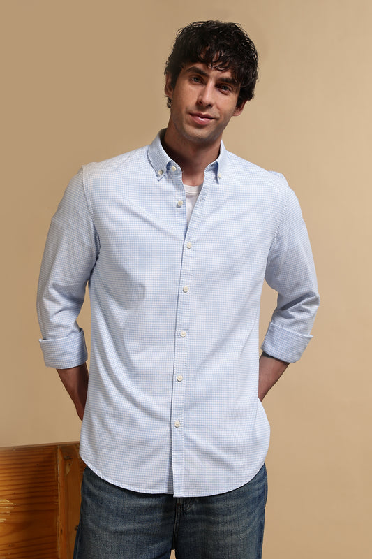 Cotton Oxford Slim Fit Mini Checks Shirt Lt Blue