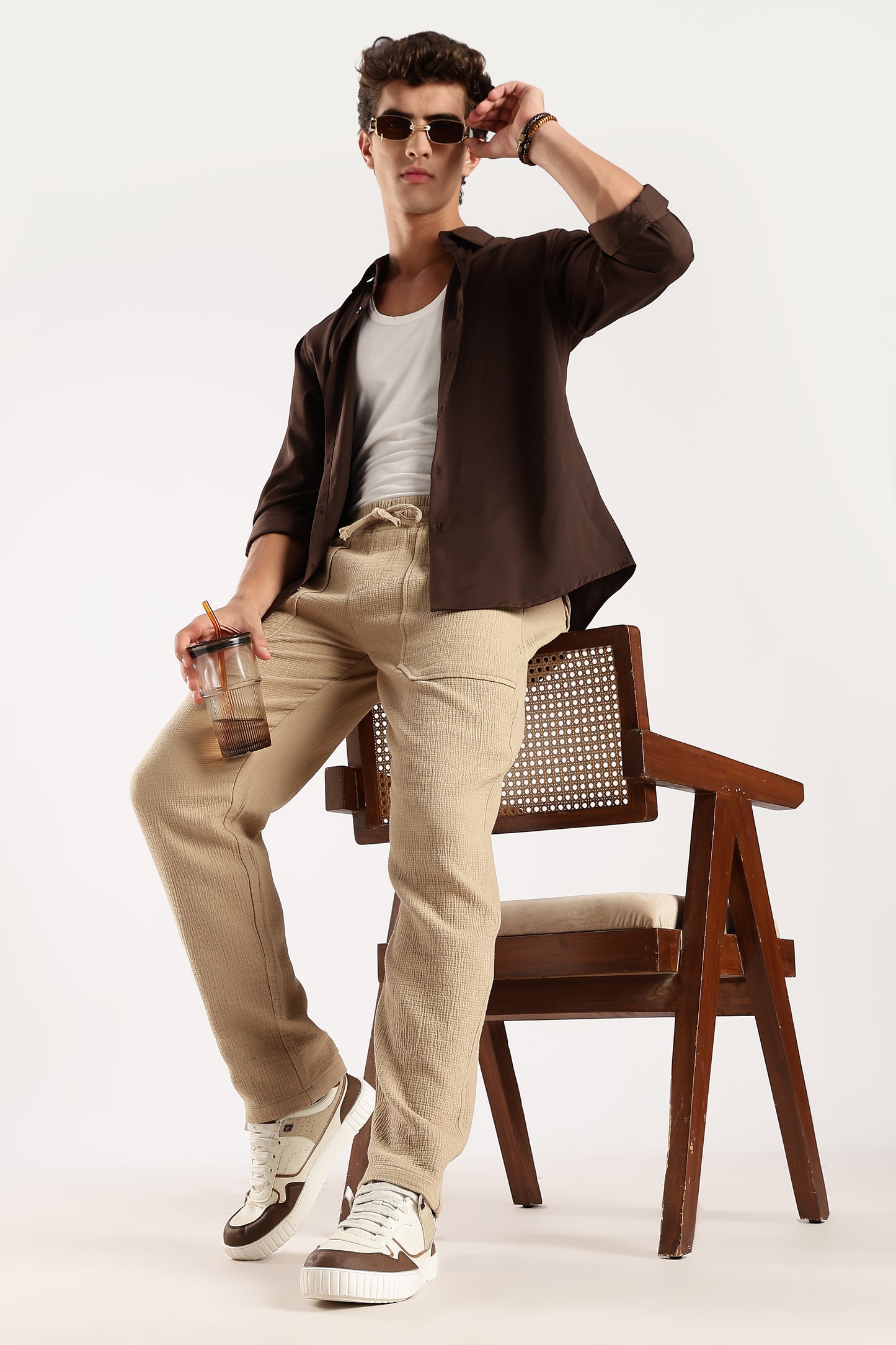 100% Cotton Double Cloth Drawcord Trousers Dk Beige