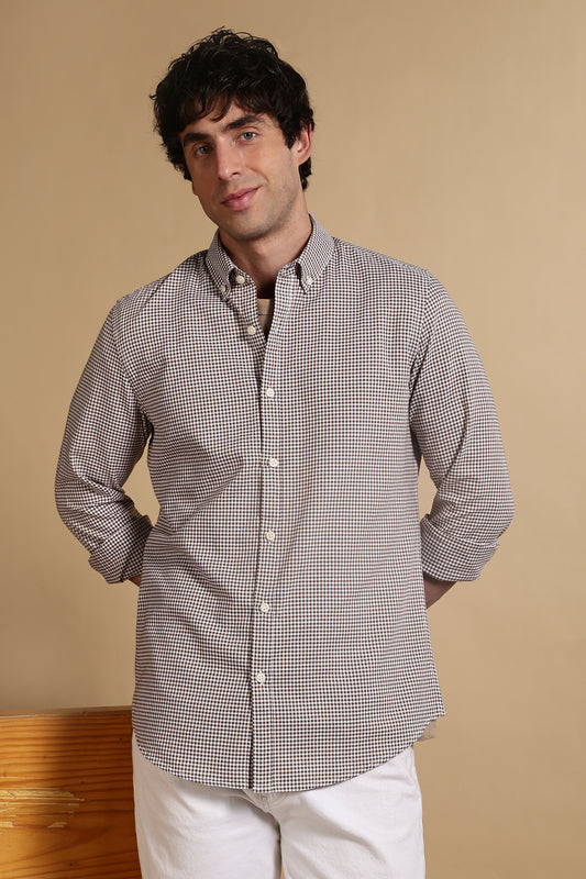 Cotton Oxford Slim Fit Mini Checks Shirt Brown