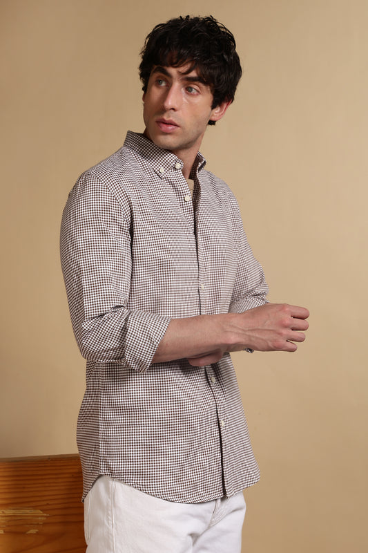 Cotton Oxford Slim Fit Mini Checks Shirt Brown