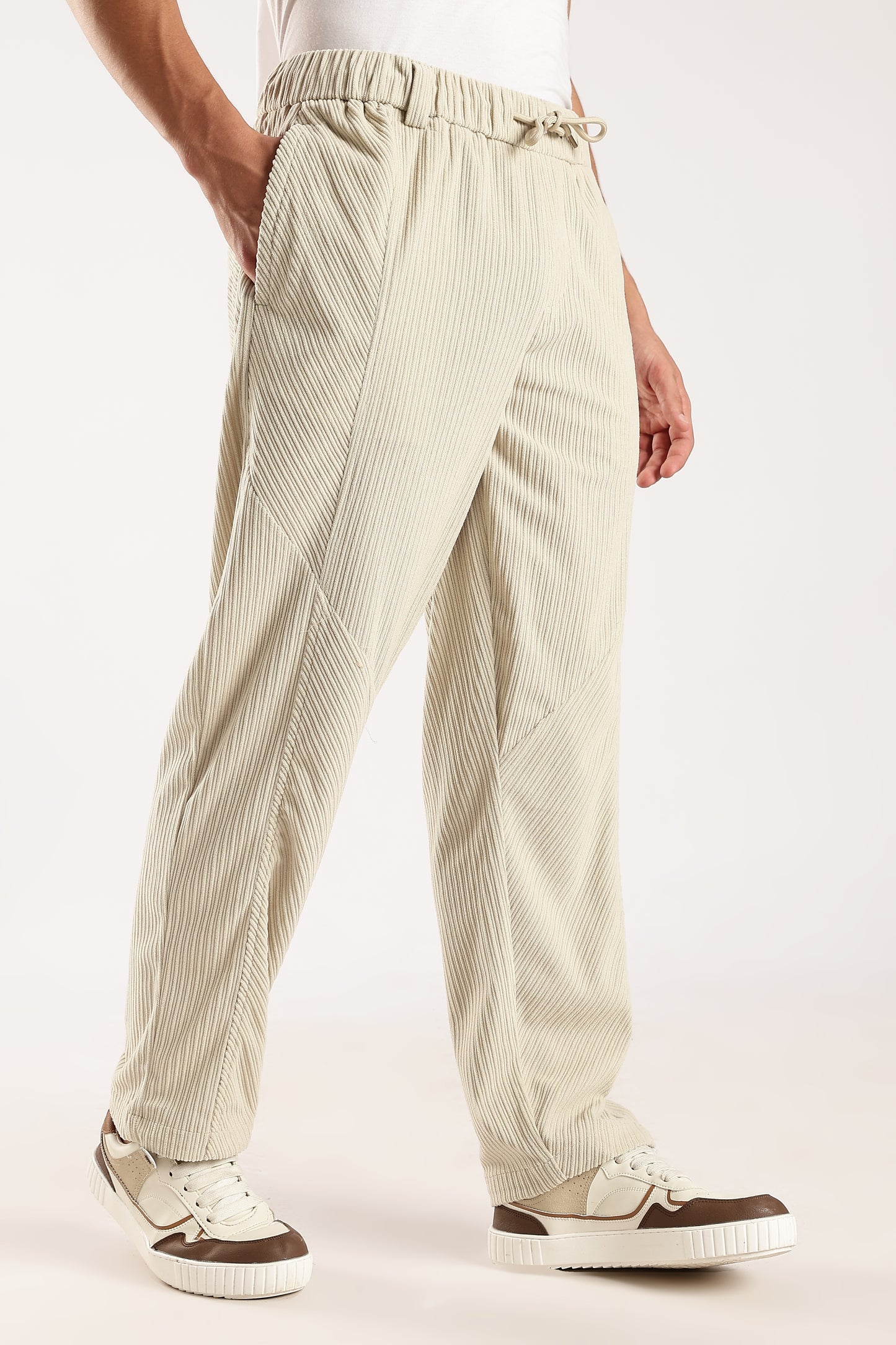 Textured Loose Fit Drawcord Trousers Cream