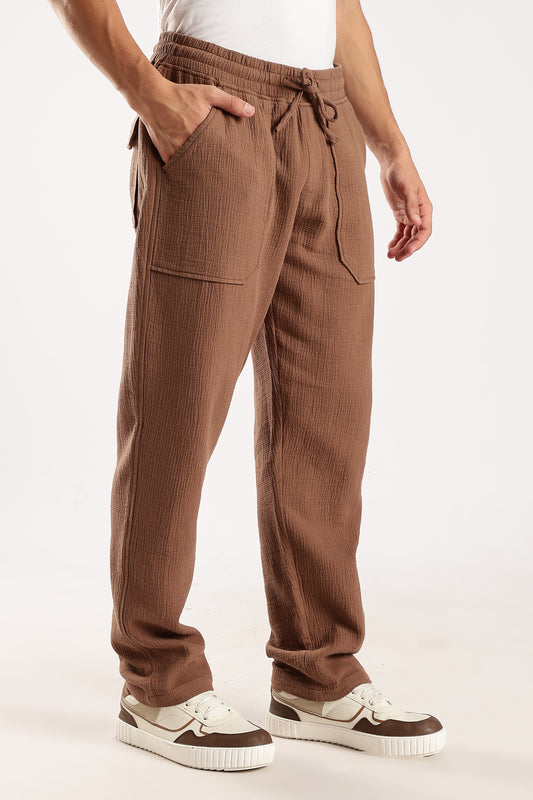 100% Cotton Double Cloth Drawcord Trousers Brown