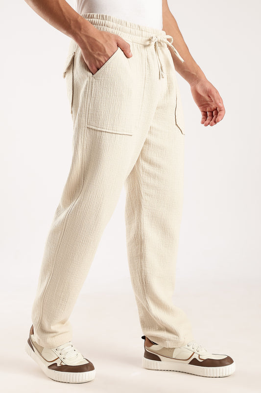 100% Cotton Double Cloth Drawcord Trousers Off White