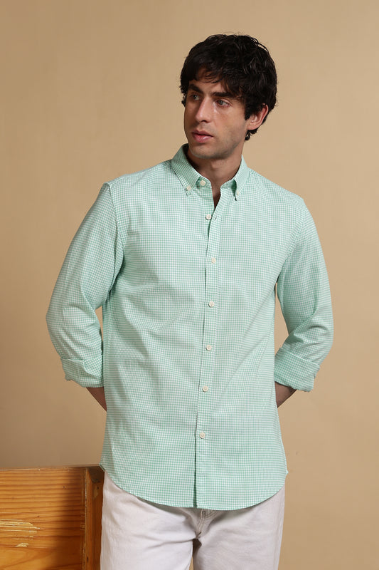 Cotton Oxford Slim Fit Mini Checks Shirt Lt Green