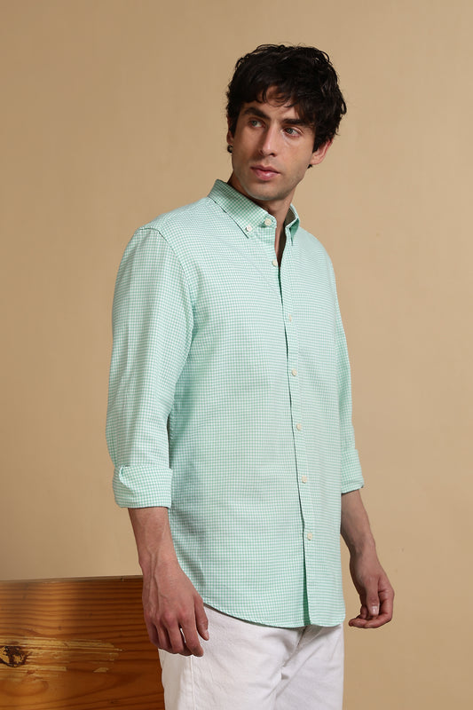 Cotton Oxford Slim Fit Mini Checks Shirt Lt Green