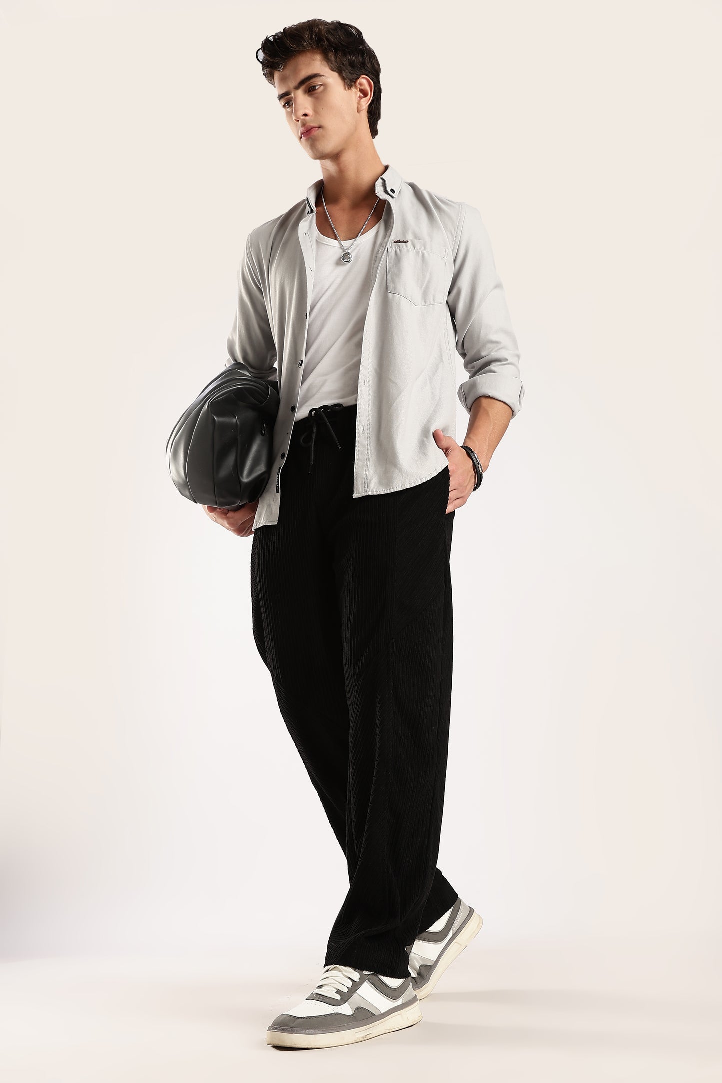 Textured Loose Fit Drawcord Trousers Black