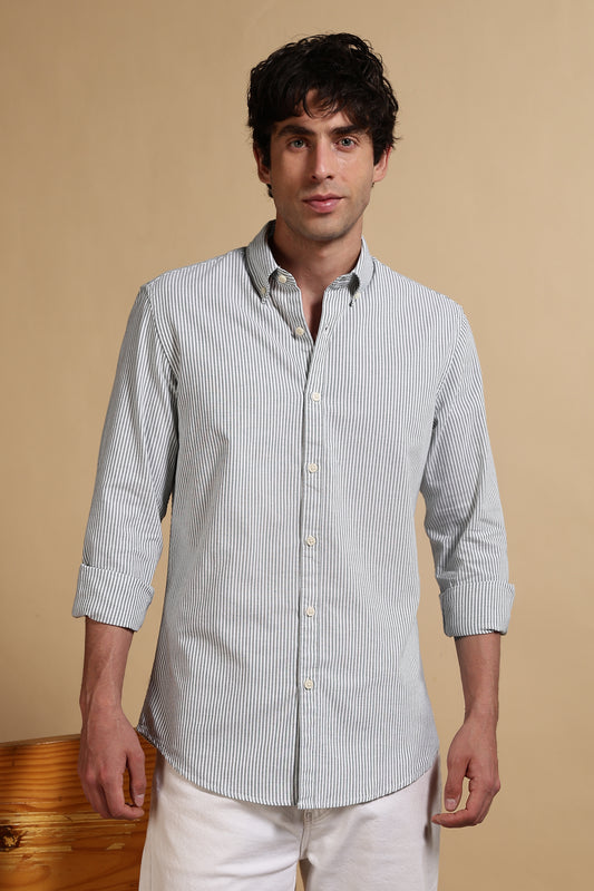 100% Cotton Oxford Slim Fit Striped Shirt Green