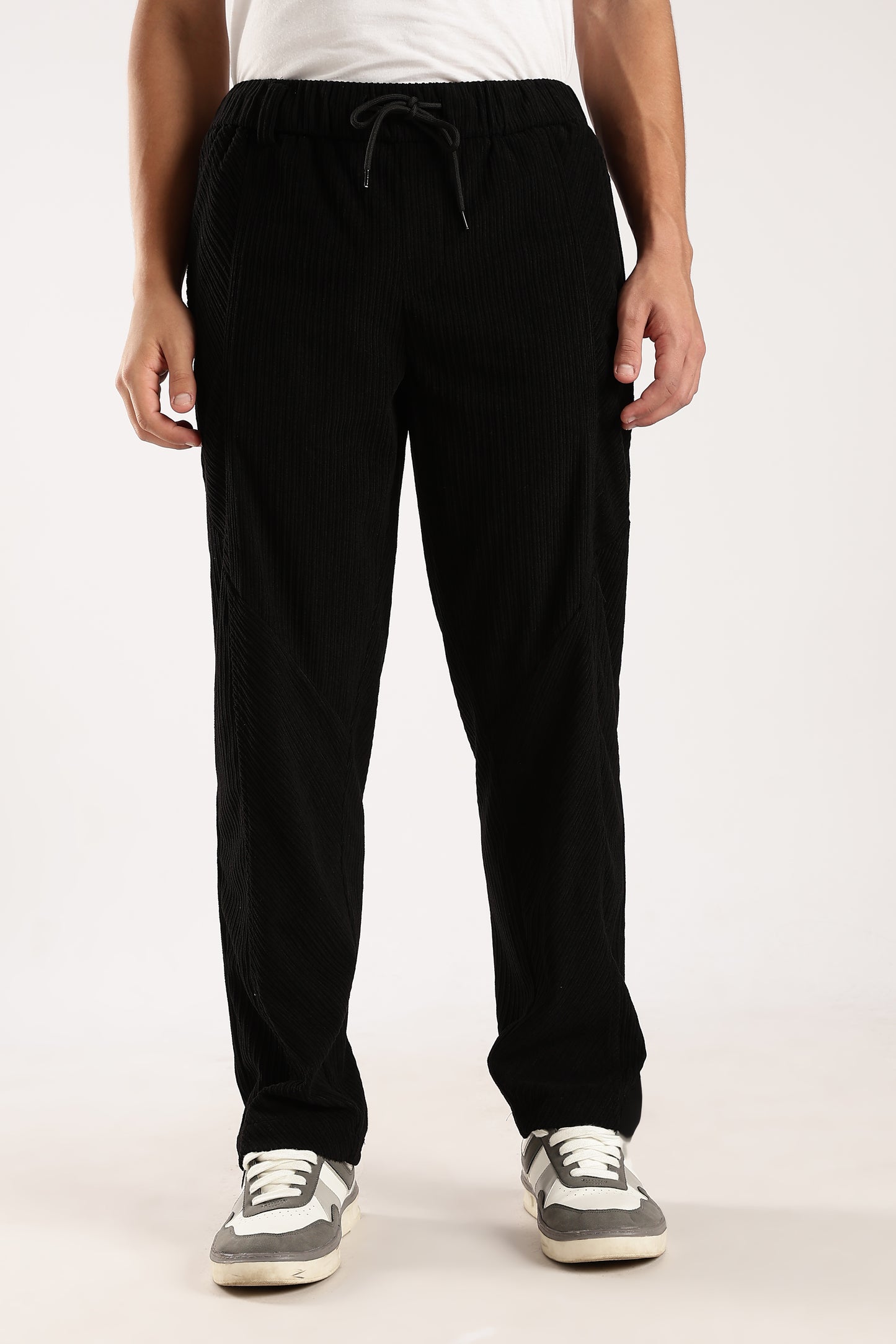Textured Loose Fit Drawcord Trousers Black