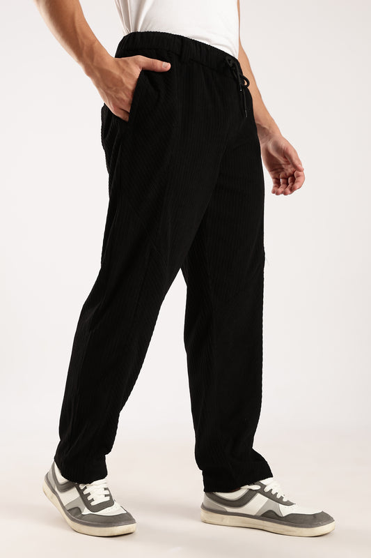 Textured Loose Fit Drawcord Trousers Black