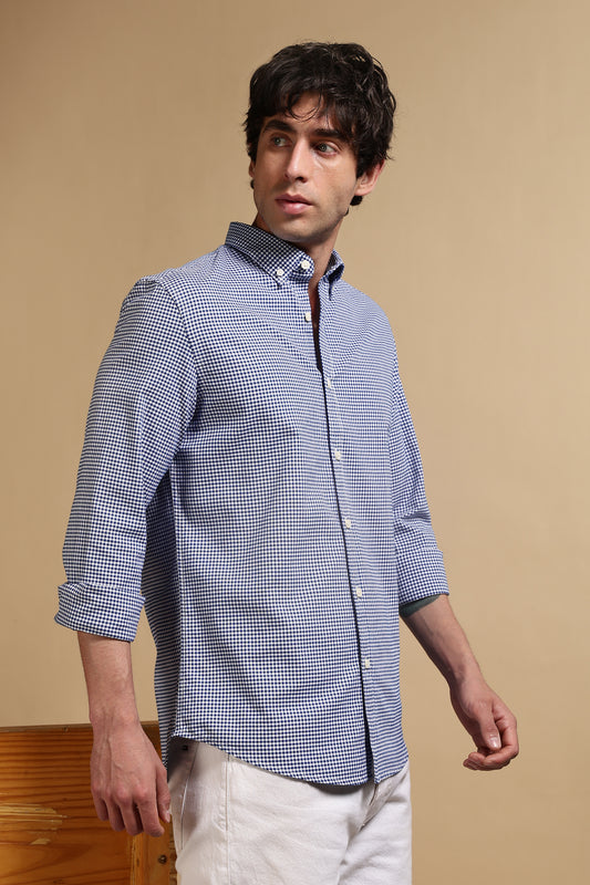 Cotton Oxford Slim Fit Mini Checks Shirt Navy