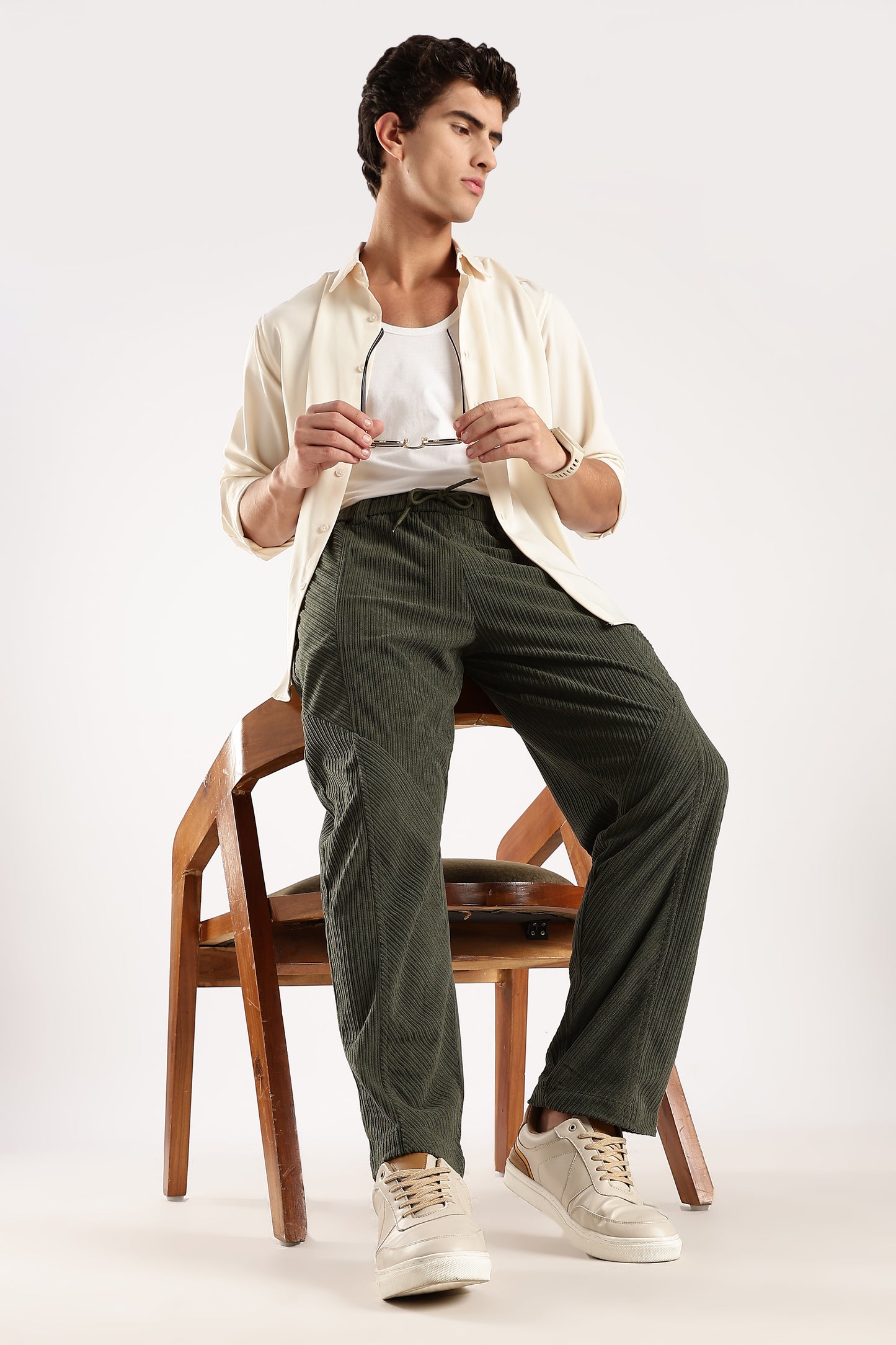Textured Loose Fit Drawcord Trousers Dk Green
