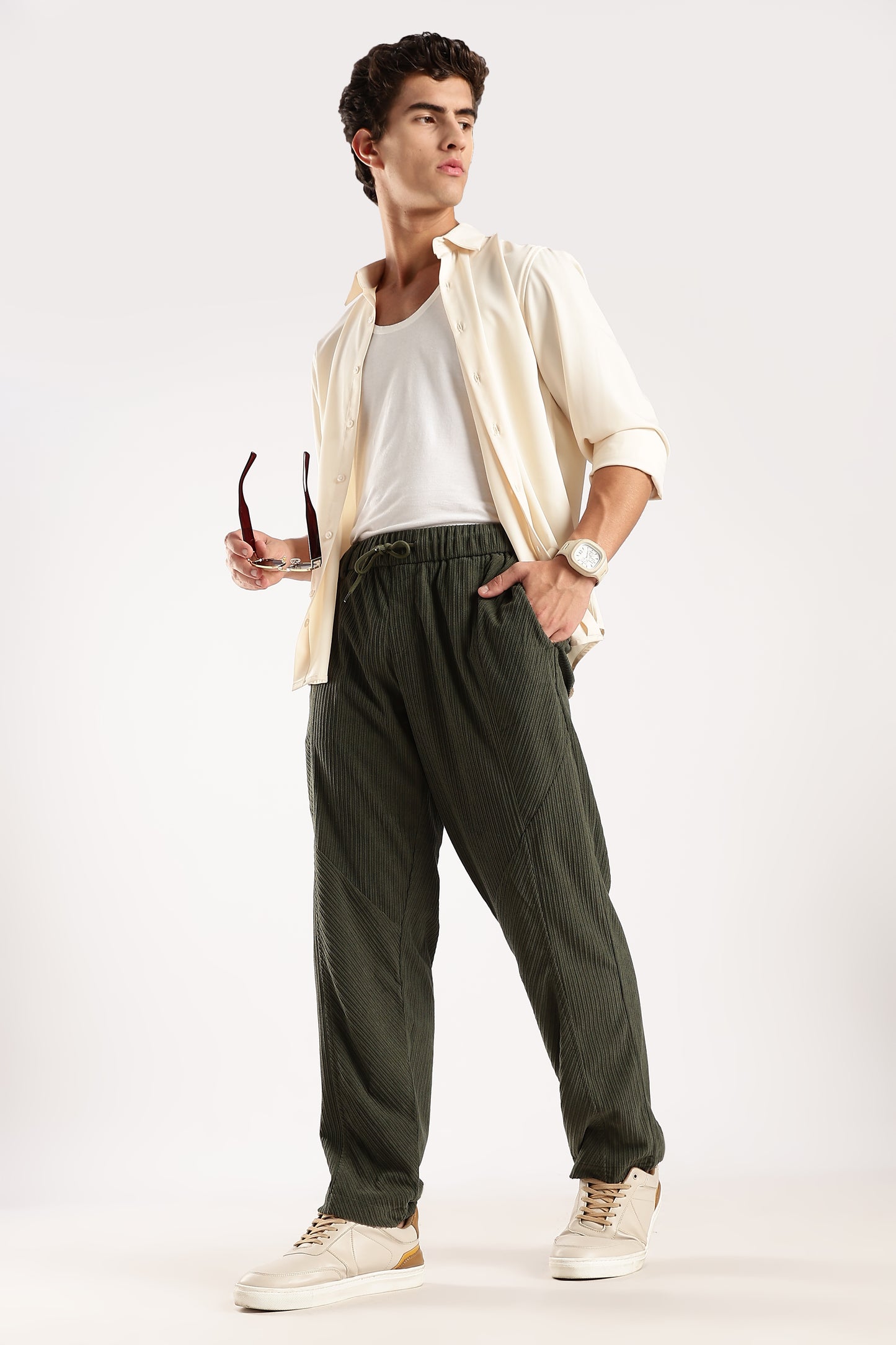 Textured Loose Fit Drawcord Trousers Dk Green