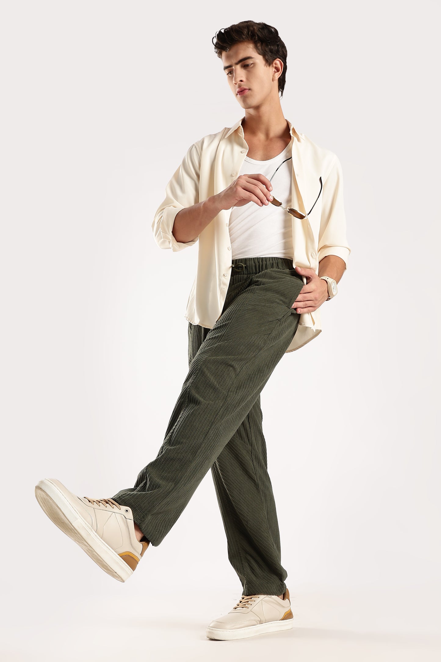Textured Loose Fit Drawcord Trousers Dk Green