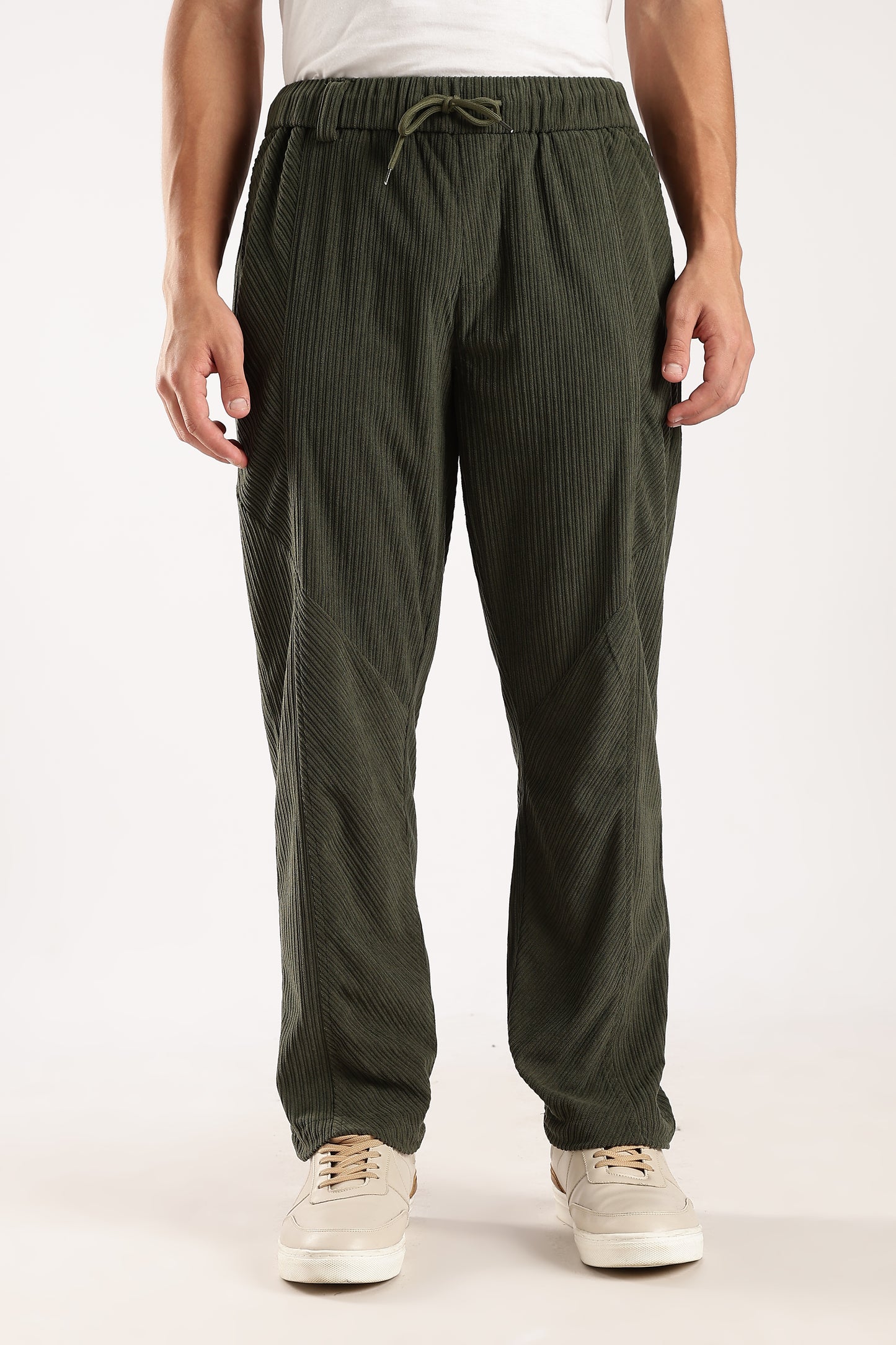 Textured Loose Fit Drawcord Trousers Dk Green