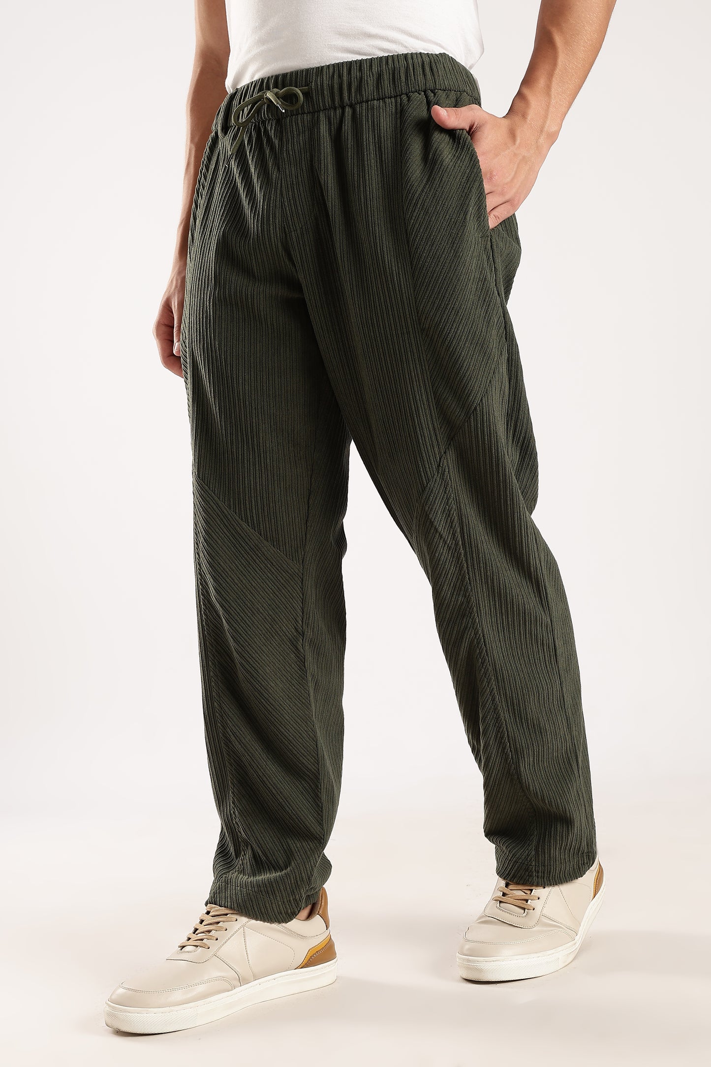Textured Loose Fit Drawcord Trousers Dk Green