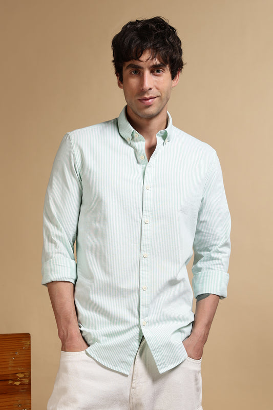 100% Cotton Oxford Slim Fit Striped Shirt Lt Green