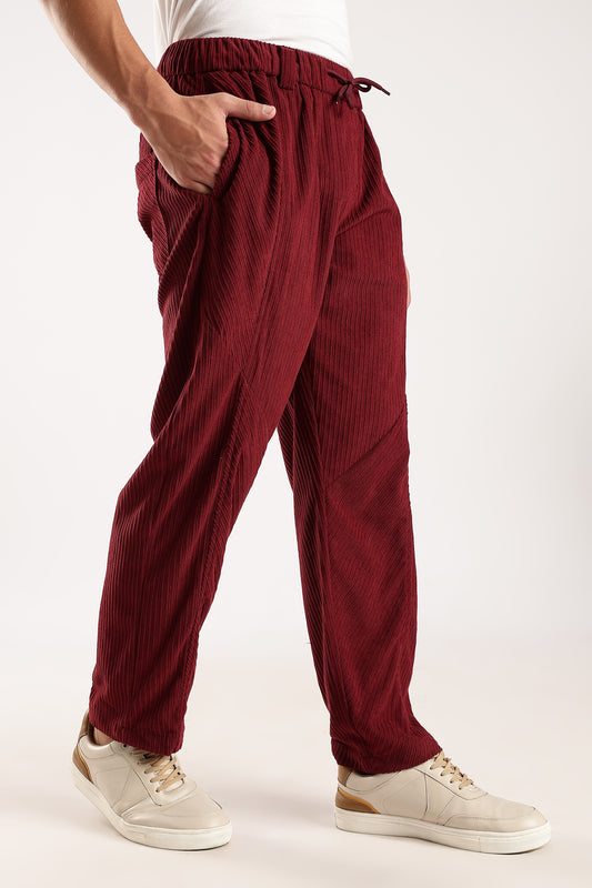 Textured Loose Fit Drawcord Trousers Maroon