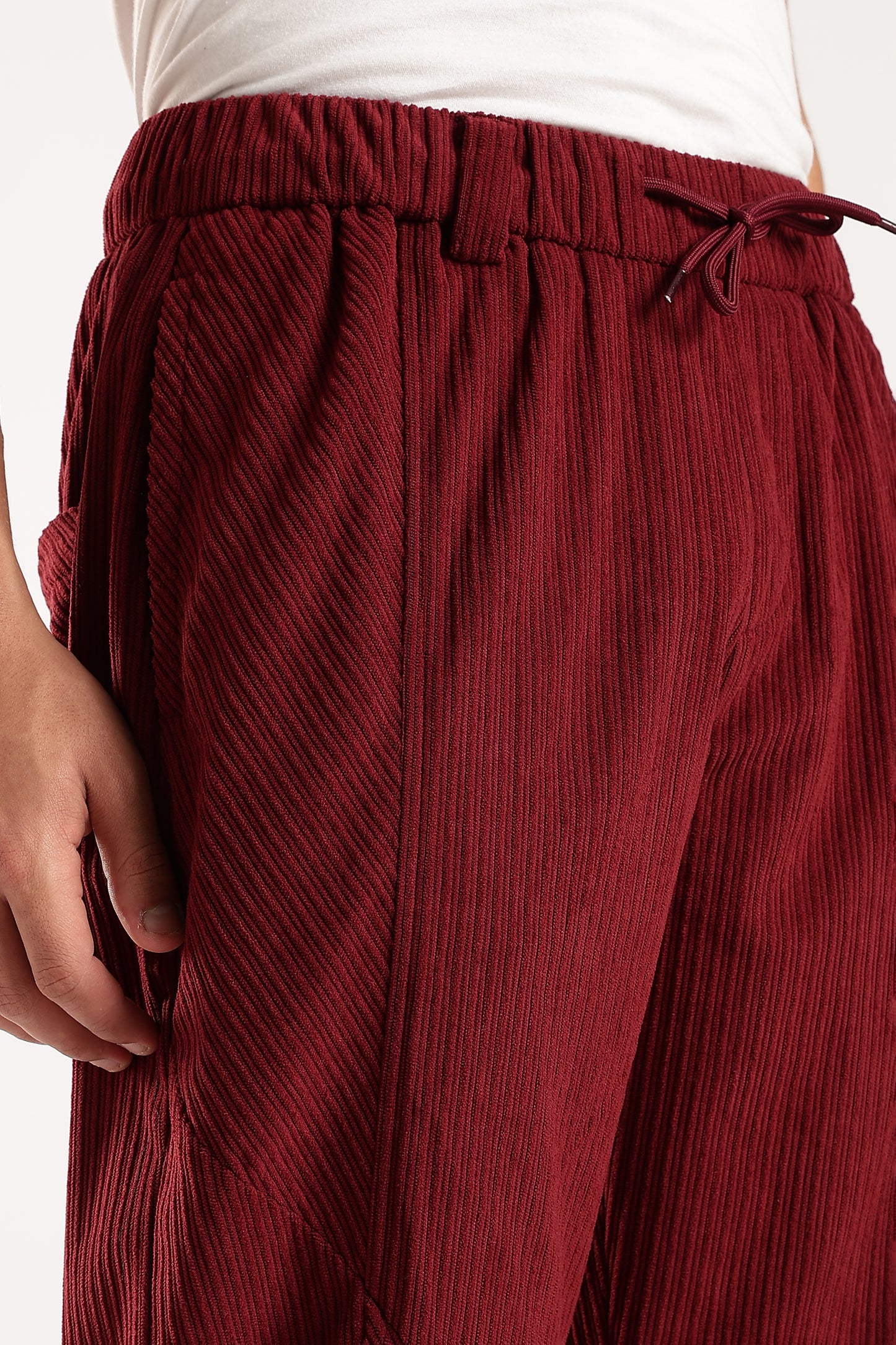 Textured Loose Fit Drawcord Trousers Maroon