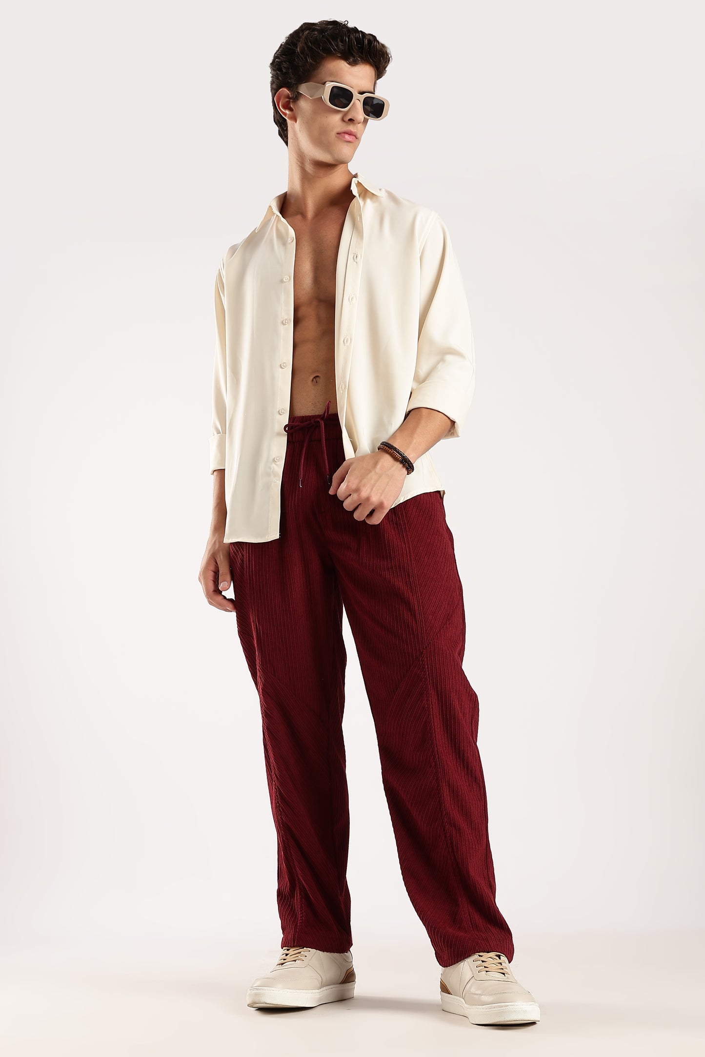 Textured Loose Fit Drawcord Trousers Maroon