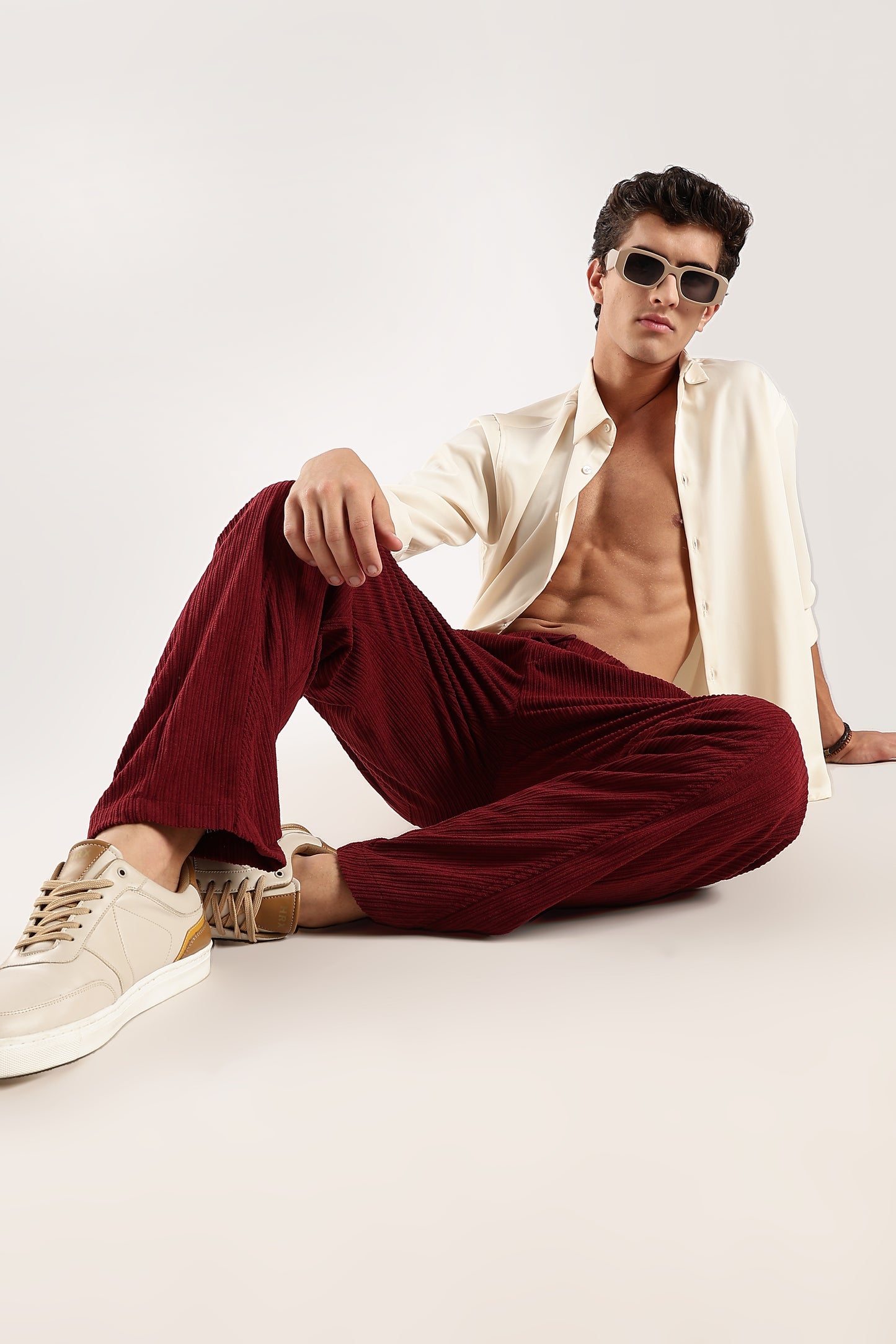 Textured Loose Fit Drawcord Trousers Maroon